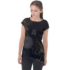 Dark And Gold Flower Patterned Cap Sleeve High Low Top by Grandong