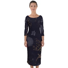 Dark And Gold Flower Patterned Quarter Sleeve Midi Bodycon Dress