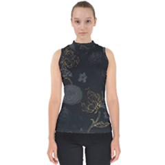 Dark And Gold Flower Patterned Mock Neck Shell Top by Grandong