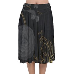 Dark And Gold Flower Patterned Velvet Flared Midi Skirt by Grandong