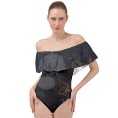 Dark And Gold Flower Patterned Off Shoulder Velour Bodysuit  by Grandong