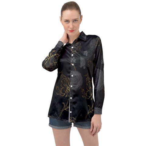 Dark And Gold Flower Patterned Long Sleeve Satin Shirt by Grandong