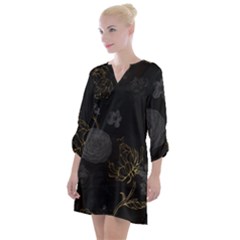 Dark And Gold Flower Patterned Open Neck Shift Dress by Grandong