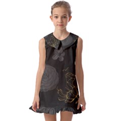 Dark And Gold Flower Patterned Kids  Pilgrim Collar Ruffle Hem Dress by Grandong