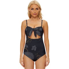 Dark And Gold Flower Patterned Knot Front One-piece Swimsuit by Grandong