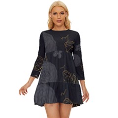 Dark And Gold Flower Patterned Long Sleeve Babydoll Dress by Grandong