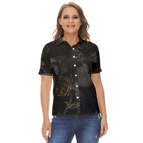 Dark And Gold Flower Patterned Women s Short Sleeve Double Pocket Shirt by Grandong