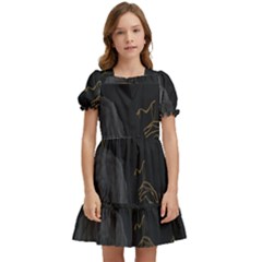 Dark And Gold Flower Patterned Kids  Puff Sleeved Dress by Grandong