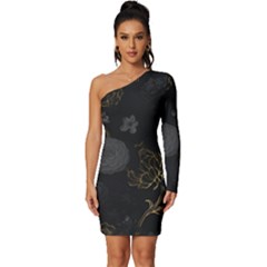 Dark And Gold Flower Patterned Long Sleeve One Shoulder Mini Dress by Grandong