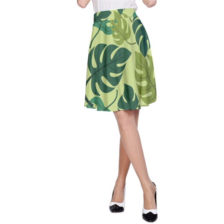 Seamless Pattern Of Monstera Leaves For The Tropical Plant Background A-Line Skirt