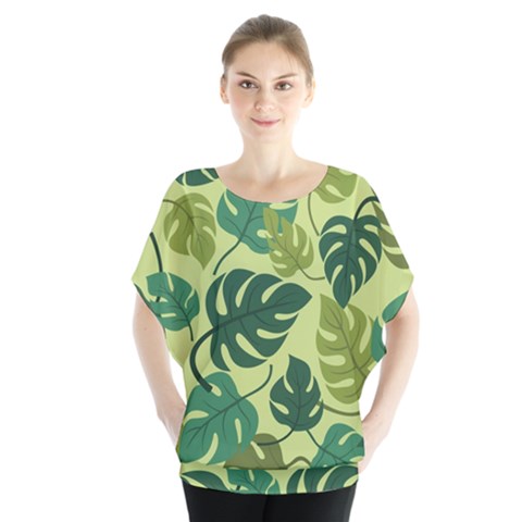 Seamless Pattern Of Monstera Leaves For The Tropical Plant Background Batwing Chiffon Blouse by Grandong