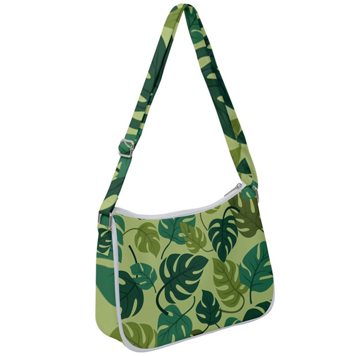 Seamless Pattern Of Monstera Leaves For The Tropical Plant Background Zip Up Shoulder Bag