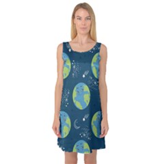 Seamless Pattern Cartoon Earth Planet Sleeveless Satin Nightdress by Grandong