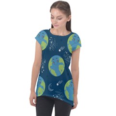 Seamless Pattern Cartoon Earth Planet Cap Sleeve High Low Top by Grandong