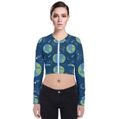 Seamless Pattern Cartoon Earth Planet Long Sleeve Zip Up Bomber Jacket by Grandong