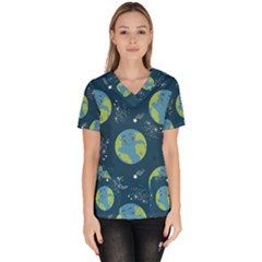 Seamless Pattern Cartoon Earth Planet Women s V-neck Scrub Top by Grandong