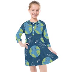 Seamless Pattern Cartoon Earth Planet Kids  Quarter Sleeve Shirt Dress by Grandong