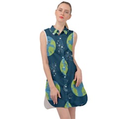 Seamless Pattern Cartoon Earth Planet Sleeveless Shirt Dress by Grandong