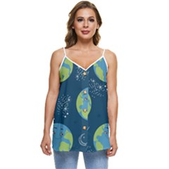 Seamless Pattern Cartoon Earth Planet Casual Spaghetti Strap Chiffon Top by Grandong