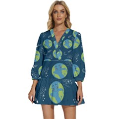 Seamless Pattern Cartoon Earth Planet V-neck Placket Mini Dress by Grandong