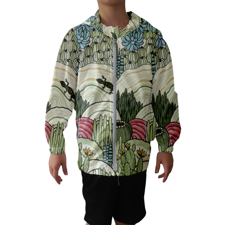 Playful Cactus Desert Landscape Illustrated Seamless Pattern Kids  Hooded Windbreaker