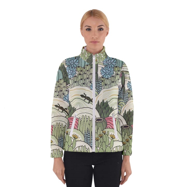 Playful Cactus Desert Landscape Illustrated Seamless Pattern Women s Bomber Jacket