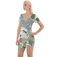 Playful Cactus Desert Landscape Illustrated Seamless Pattern Short Sleeve Asymmetric Mini Dress by Grandong