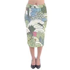 Playful Cactus Desert Landscape Illustrated Seamless Pattern Velvet Midi Pencil Skirt by Grandong