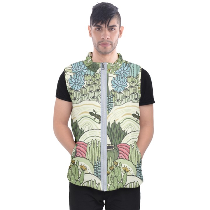 Playful Cactus Desert Landscape Illustrated Seamless Pattern Men s Puffer Vest