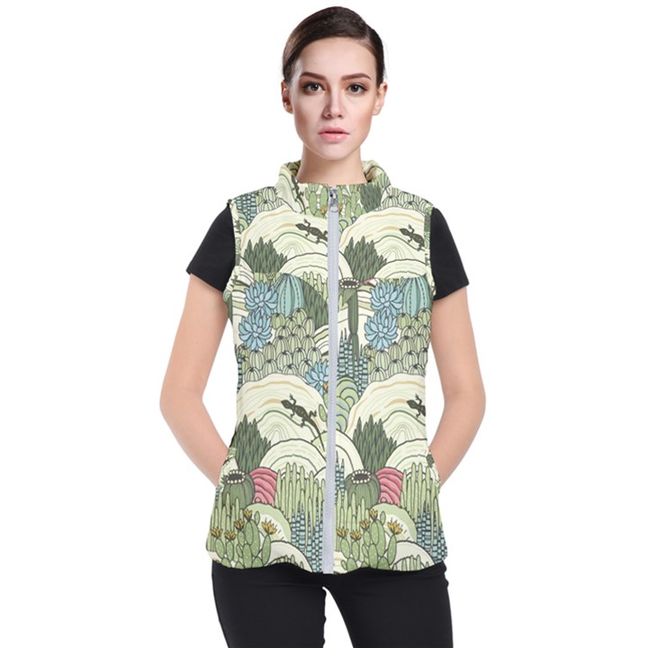 Playful Cactus Desert Landscape Illustrated Seamless Pattern Women s Puffer Vest