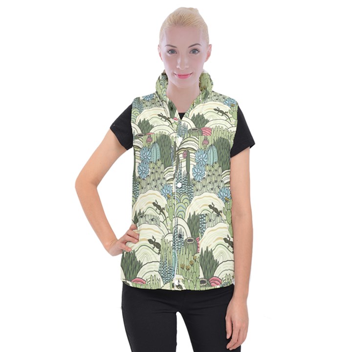 Playful Cactus Desert Landscape Illustrated Seamless Pattern Women s Button Up Vest