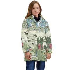 Playful Cactus Desert Landscape Illustrated Seamless Pattern Kids  Hooded Longline Puffer Jacket by Grandong