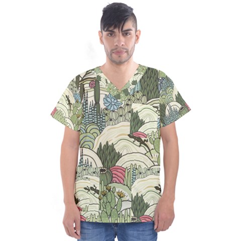 Playful Cactus Desert Landscape Illustrated Seamless Pattern Men s V-neck Scrub Top by Grandong