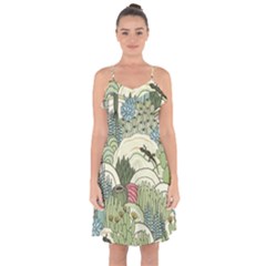 Playful Cactus Desert Landscape Illustrated Seamless Pattern Ruffle Detail Chiffon Dress by Grandong