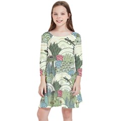 Playful Cactus Desert Landscape Illustrated Seamless Pattern Kids  Quarter Sleeve Skater Dress by Grandong