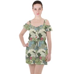 Playful Cactus Desert Landscape Illustrated Seamless Pattern Ruffle Cut Out Chiffon Playsuit by Grandong