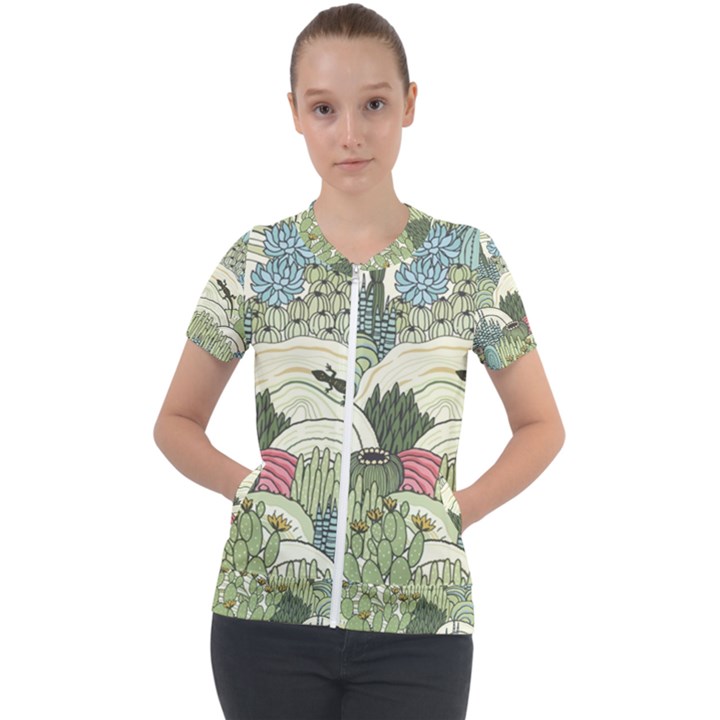 Playful Cactus Desert Landscape Illustrated Seamless Pattern Short Sleeve Zip Up Jacket