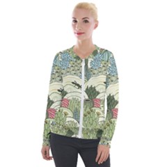 Playful Cactus Desert Landscape Illustrated Seamless Pattern Velvet Zip Up Jacket by Grandong