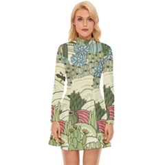 Playful Cactus Desert Landscape Illustrated Seamless Pattern Long Sleeve Velour Longline Dress by Grandong