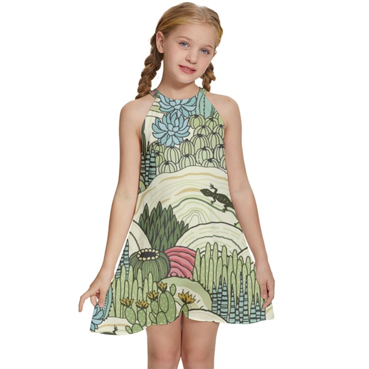 Playful Cactus Desert Landscape Illustrated Seamless Pattern Kids  Halter Collar Waist Tie Chiffon Dress