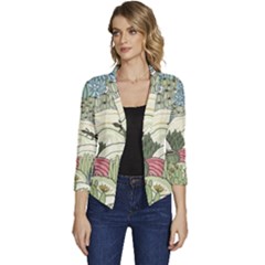 Playful Cactus Desert Landscape Illustrated Seamless Pattern Women s Casual 3/4 Sleeve Spring Jacket by Grandong