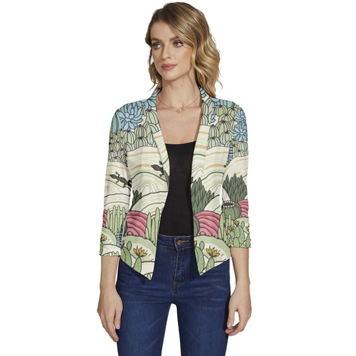 Playful Cactus Desert Landscape Illustrated Seamless Pattern Women s Casual 3/4 Sleeve Spring Jacket