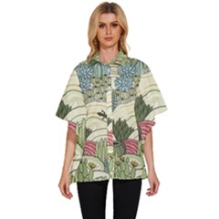 Playful Cactus Desert Landscape Illustrated Seamless Pattern Women s Batwing Button Up Shirt