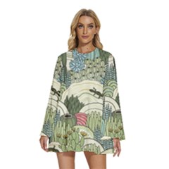 Playful Cactus Desert Landscape Illustrated Seamless Pattern Round Neck Long Sleeve Bohemian Style Chiffon Mini Dress