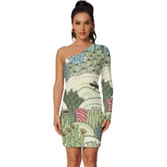 Playful Cactus Desert Landscape Illustrated Seamless Pattern Long Sleeve One Shoulder Mini Dress by Grandong