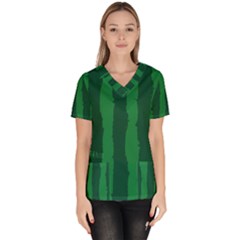 Green Seamless Watermelon Skin Pattern Women s V-neck Scrub Top by Grandong