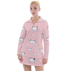 Cute Cat Cartoon Doodle Seamless Pink Pattern Women s Long Sleeve Casual Dress by Grandong