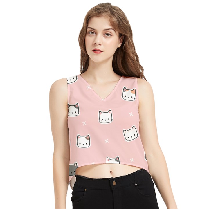 Cute Cat Cartoon Doodle Seamless Pink Pattern V-Neck Cropped Tank Top