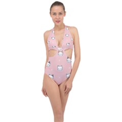 Cute Cat Cartoon Doodle Seamless Pink Pattern Halter Front Plunge Swimsuit by Grandong