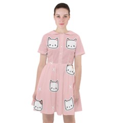 Cute Cat Cartoon Doodle Seamless Pink Pattern Sailor Dress by Grandong